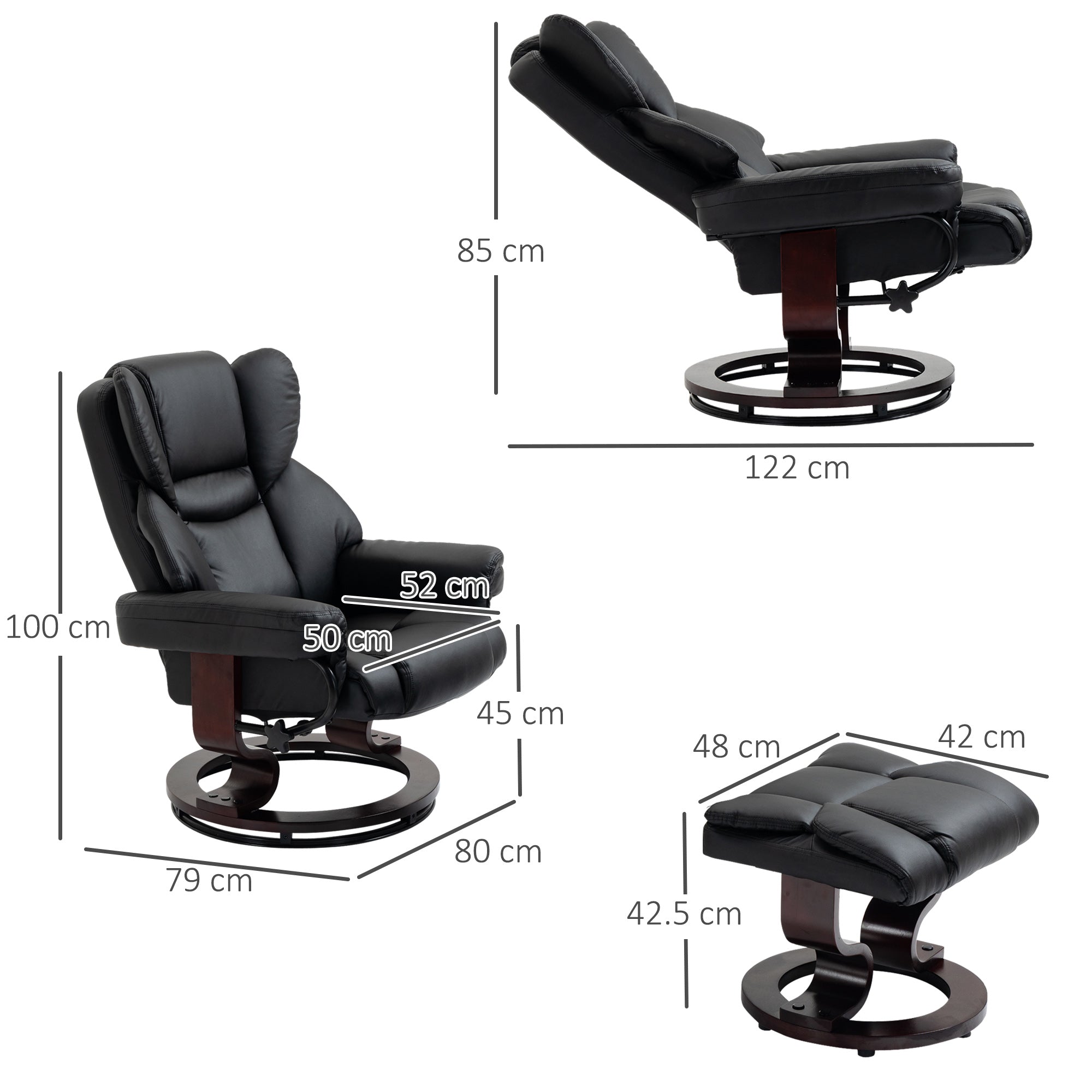 HOMCOM 360° Swivel Recliner Chair with Footstool, PU Leather Manual Recliner Armchair with Solid Wood Base, Upholstered Reclining Chair for Living Room, Bedroom, Office, Black